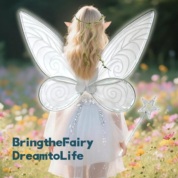 Fairy Costume Set for Girls Women Iridescent Wings Elf Ears Flower Crown Wand - Picture 7 of 7